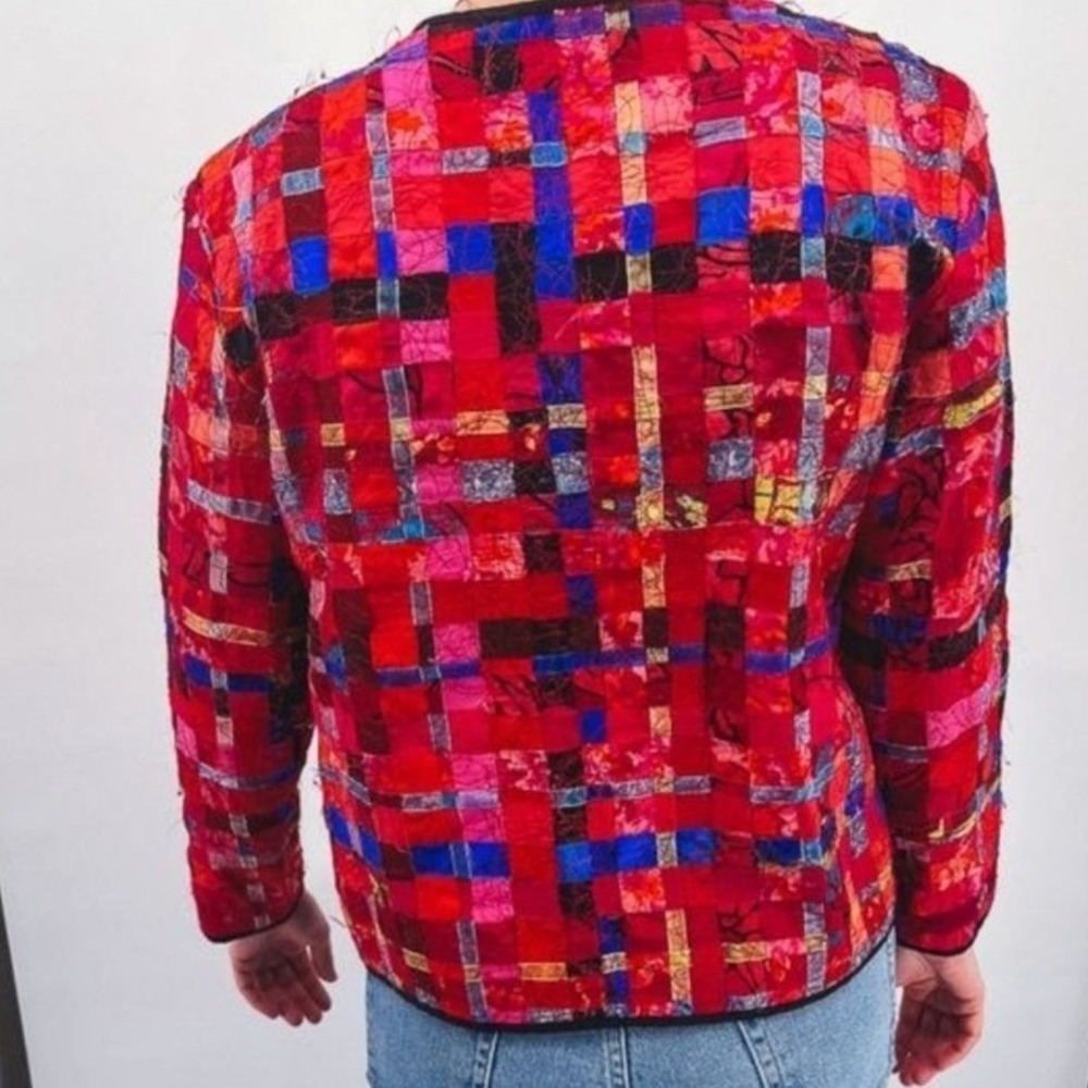 Chico's Women Red Silk Blend Patchwork Ribbon Woven Open Front Jacket Size 0 S - Picture 4 of 6